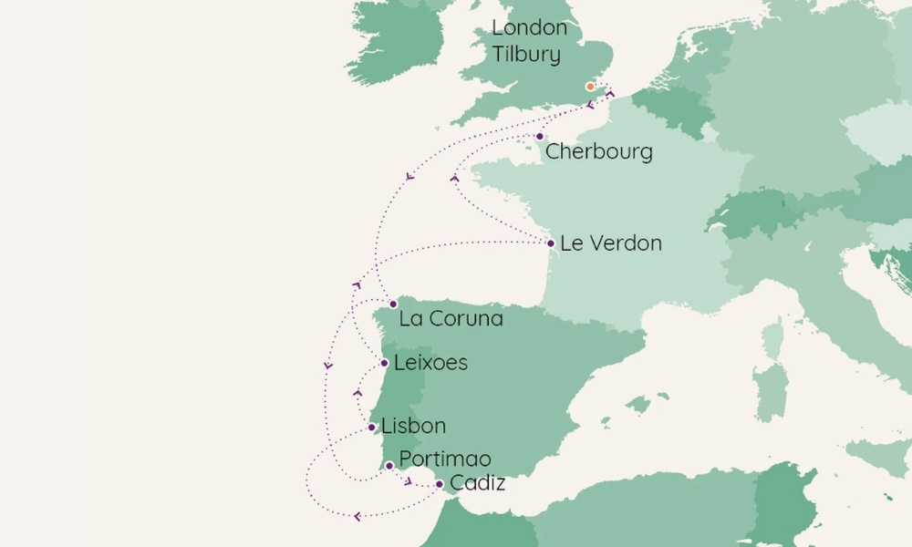 A map showing the route of the France, Portugal & Spain Adventure cruise, highlighting destinations like London Tilbury, Cherbourg, Le Verdon, La Coruña, Leixões, Lisbon, Portimão, and Cádiz.