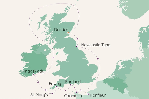 Illustrated map showcasing the cruise route from Dundee to various ports, including Ringaskiddy, Isles of Scilly, and Cherbourg.