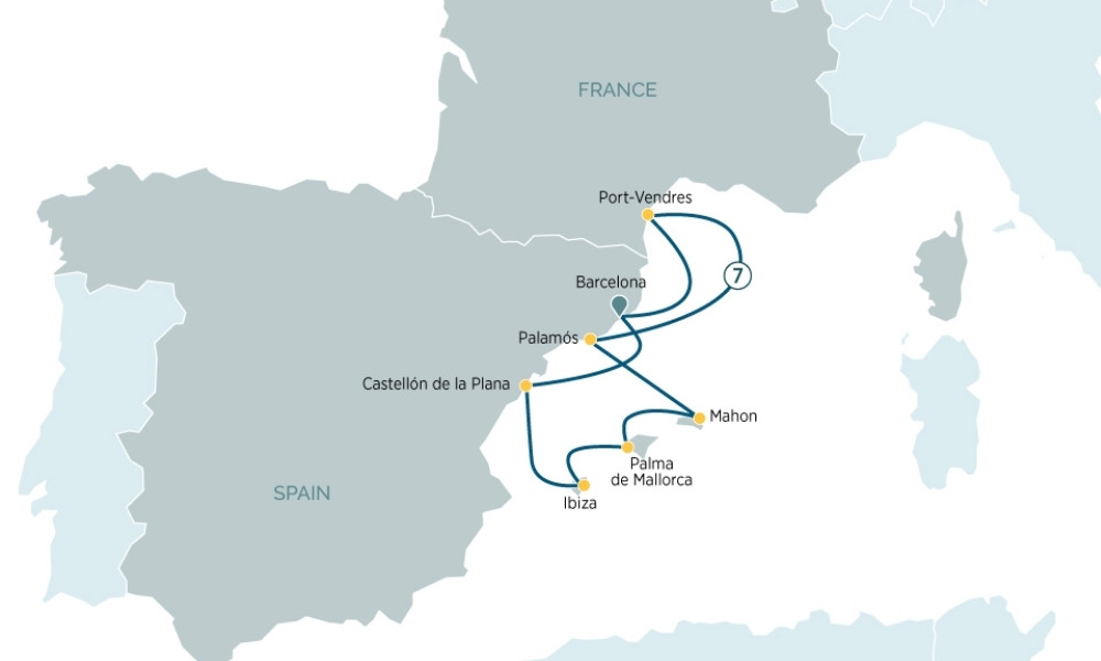 A detailed map showing the cruise route starting and ending in Barcelona, visiting destinations like Port-Vendres, Palamós, Palma de Mallorca, Ibiza, and Mahon.