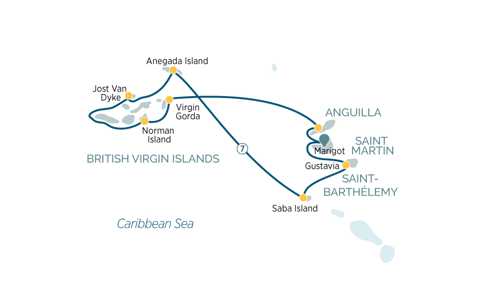 Map highlighting the Leeward Islands cruise itinerary, showing stops such as Anguilla, Virgin Gorda, Norman Island, and Saint Martin.