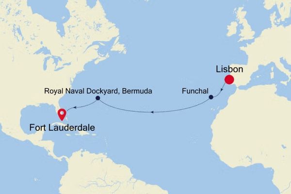 A map showing the cruise route from Lisbon, Portugal, across the Atlantic to Fort Lauderdale, Florida, with stops in Madeira and Bermuda.