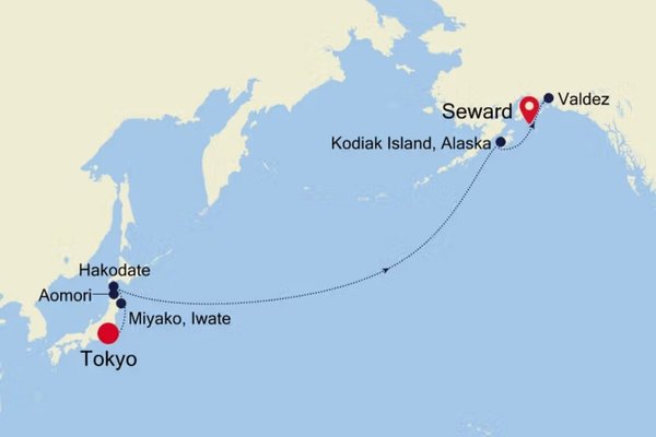 A map illustrating the Tokyo to Alaska cruise route aboard Silver Moon, with stops including Miyako, Aomori, Hakodate, Kodiak Island, and Valdez.